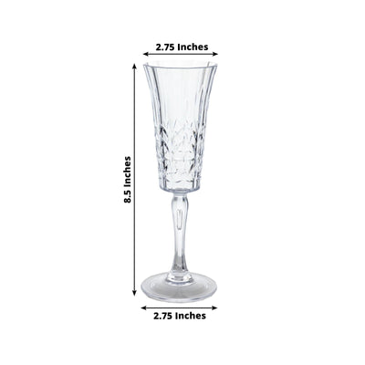 6 Pack 6oz Shatterproof Plastic Champagne Flutes with Embossed Leaf Pattern, Clear Reusable Cocktail Wine Glasses - 8.5"