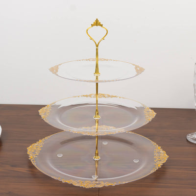 3-Tier Clear Plastic Cupcake Tower Stand with Gold Embossed Baroque Rim, 13" Round Cake Dessert Holder Display Stand Tiered Serving Tray with Top Handle