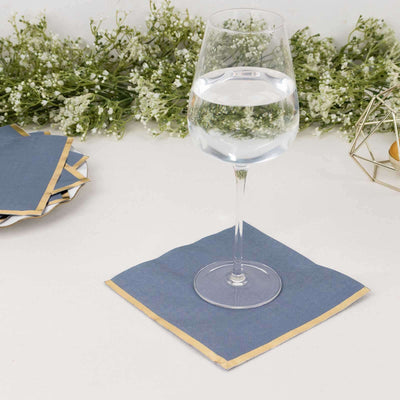 50-Pack Paper Beverage Napkins with Gold Foil Edge Dusty Blue - Disposable 2 Ply Cocktail Napkins for Events 6.5"x6.5"