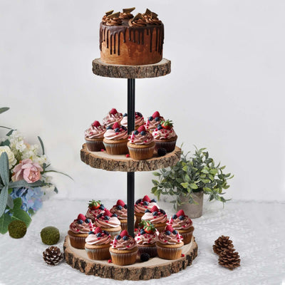 3-Tier Wooden Cheese Board Stand Tower Design Natural Wood Slice - Rustic Cupcake Centerpiece with Assembly Tools 19"