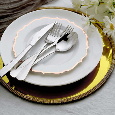 10-Pack Plastic 8" Round Dessert Plates in White with Rose Gold Scalloped Rim - Disposable Appetizer/Salad Plates