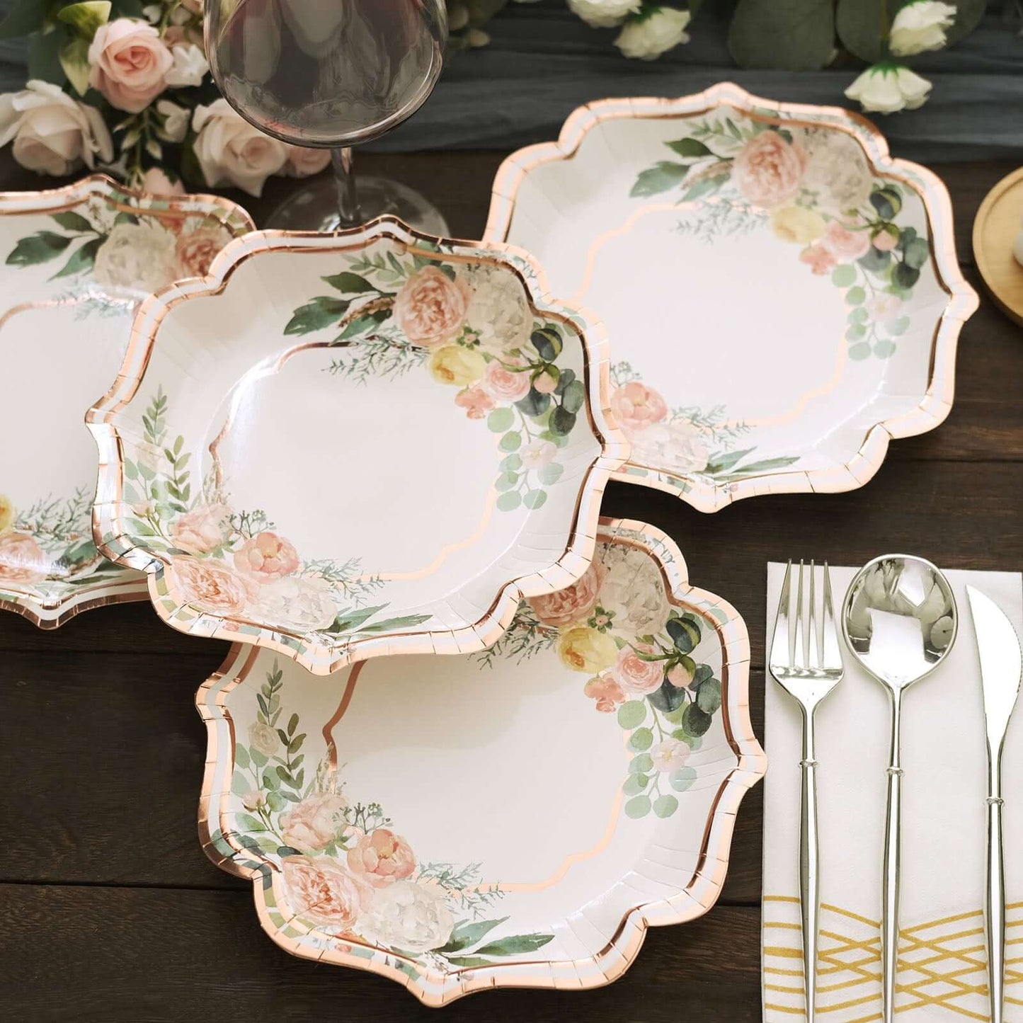 25-Pack Paper 8" Dessert Plates in White with Floral Print & Rose Gold Scallop Rim - Disposable 300GSM Appetizer Salad Plates