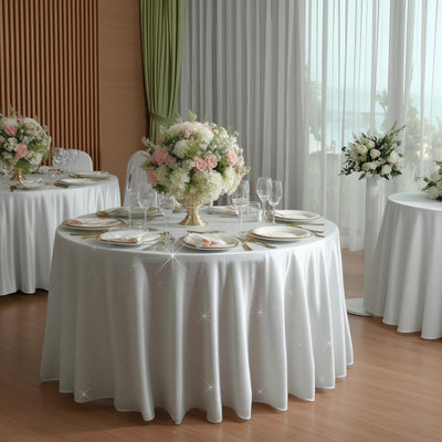 Scuba Round Tablecloth 120″ White with Rhinestone Accents – Seamless, Wrinkle-Free, Stain-Resistant Event Linen