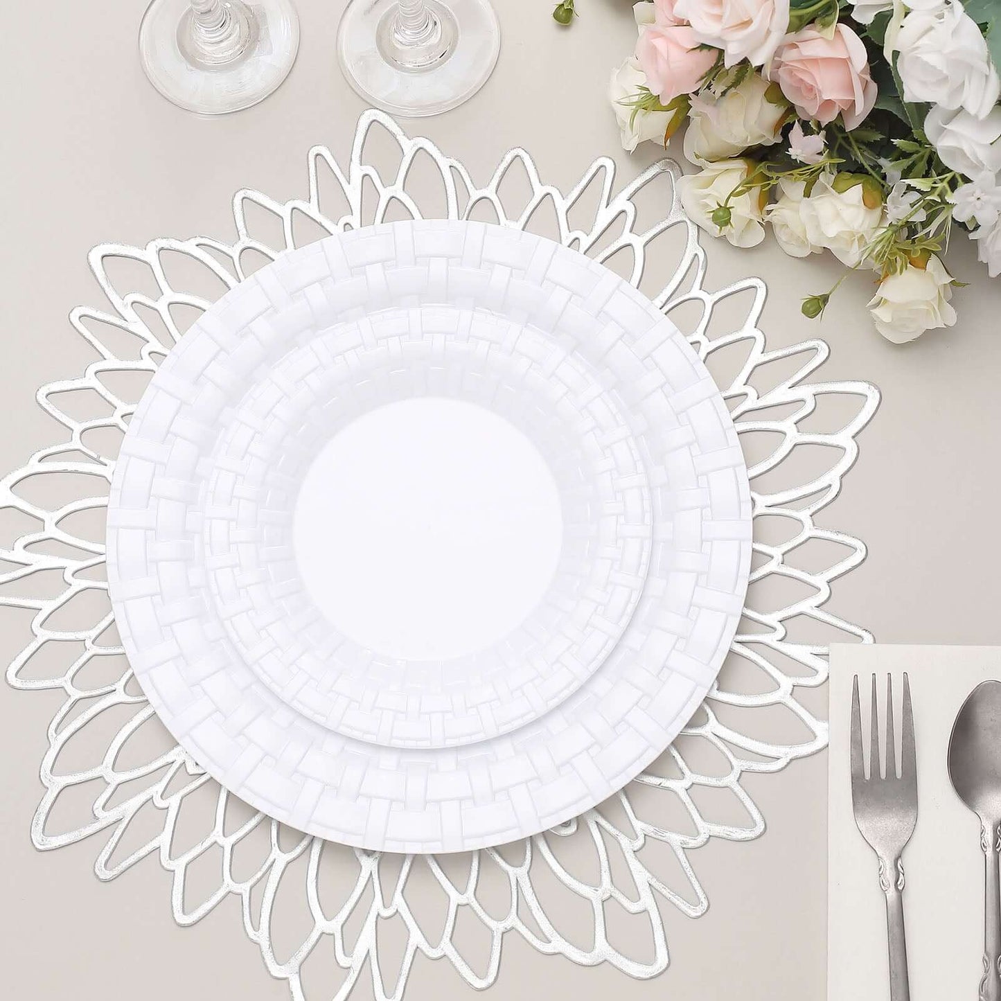 10 Pack 7" White Basketweave Rim Plastic Salad Dessert Plates, Round Disposable Appetizer Plates