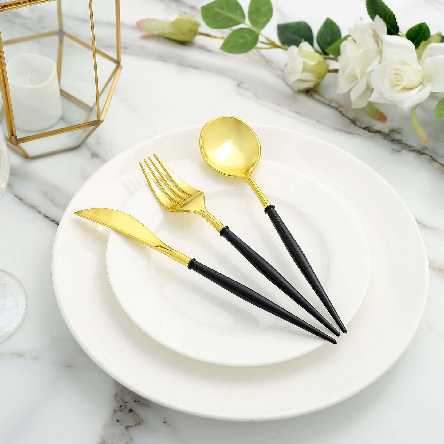 24-Pack Plastic Flatware Set in Metallic Gold with Black Handle - Heavy Duty Disposable Modern Silverware 8"