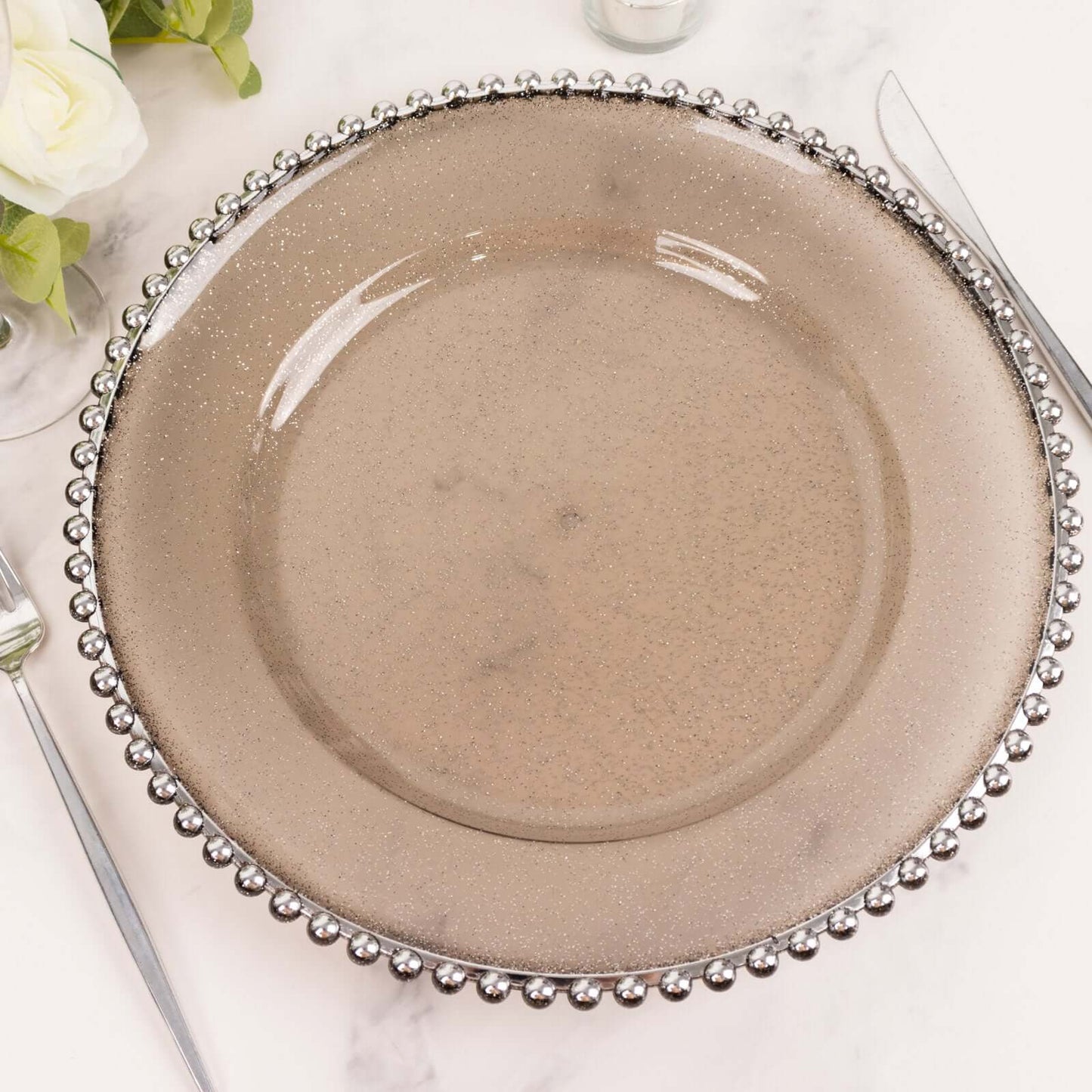 6-Pack Acrylic Round Charger Plates 13" in Transparent Black Silver Glittered with Beaded Rim, Decorative Dinner Party Charger Tableware