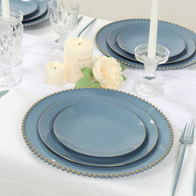 10-Pack Economy Round Plastic Charger Plates 13" in Dusty Blue with Gold Beaded Rim, Stylish Dinner Party Serving Plates