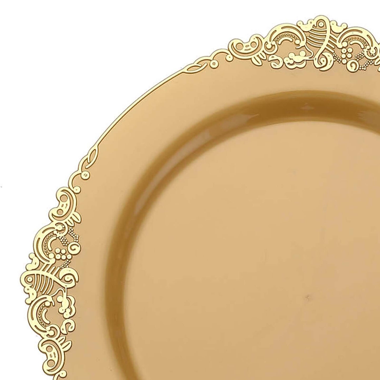 10-Pack Plastic 10" Round Dinner Plates in Gold with Leaf Embossed Rim - Disposable Vintage Baroque Style Plates for Luxurious Gatherings & Events
