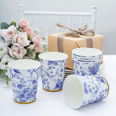 24 Pack Disposable Paper Cups in White Royal Blue French Toile Pattern with Gold Rim, Elegant Party Cups - 9oz