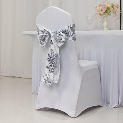 Polyester Chair Sashes White Black French Toile Floral Design - Wrinkle-Resistant & Durable Chair Bows 6"x108"