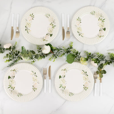 25-Pack Paper 10" Round Dinner Plates in White with Sage Green Floral Print & Lined Rim - Disposable Party Plates for Bridal Showers & Luncheons