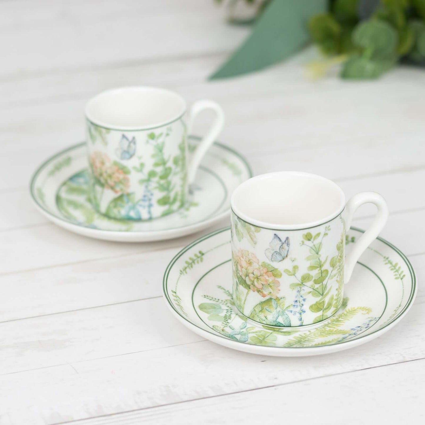 Greenery Theme Bridal Shower Gift Set, Set of 2 Porcelain Espresso Cups and Saucers with Matching Keepsake Box