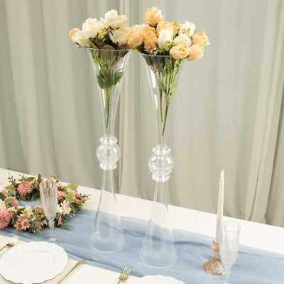 2-Pack Flower Vases Trumpet Design with Crystal Embellishments Clear - Reversible Plastic Centerpieces for Events 27"