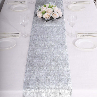 Metallic Tinsel Polyester 12"x108" Table Runner Silver - Shimmery Fringe Shag Table Decor