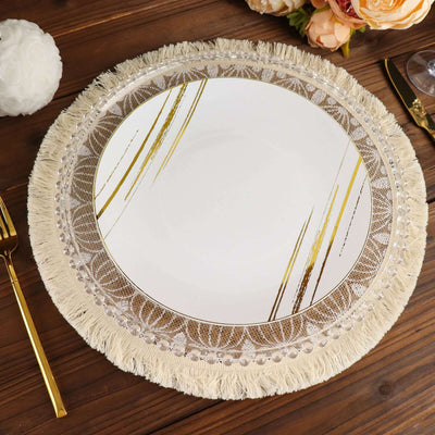 4-Pack Placemats Mandala Print Fringe Design Natural Jute and White Round - Rustic Burlap Tassel Style 15"