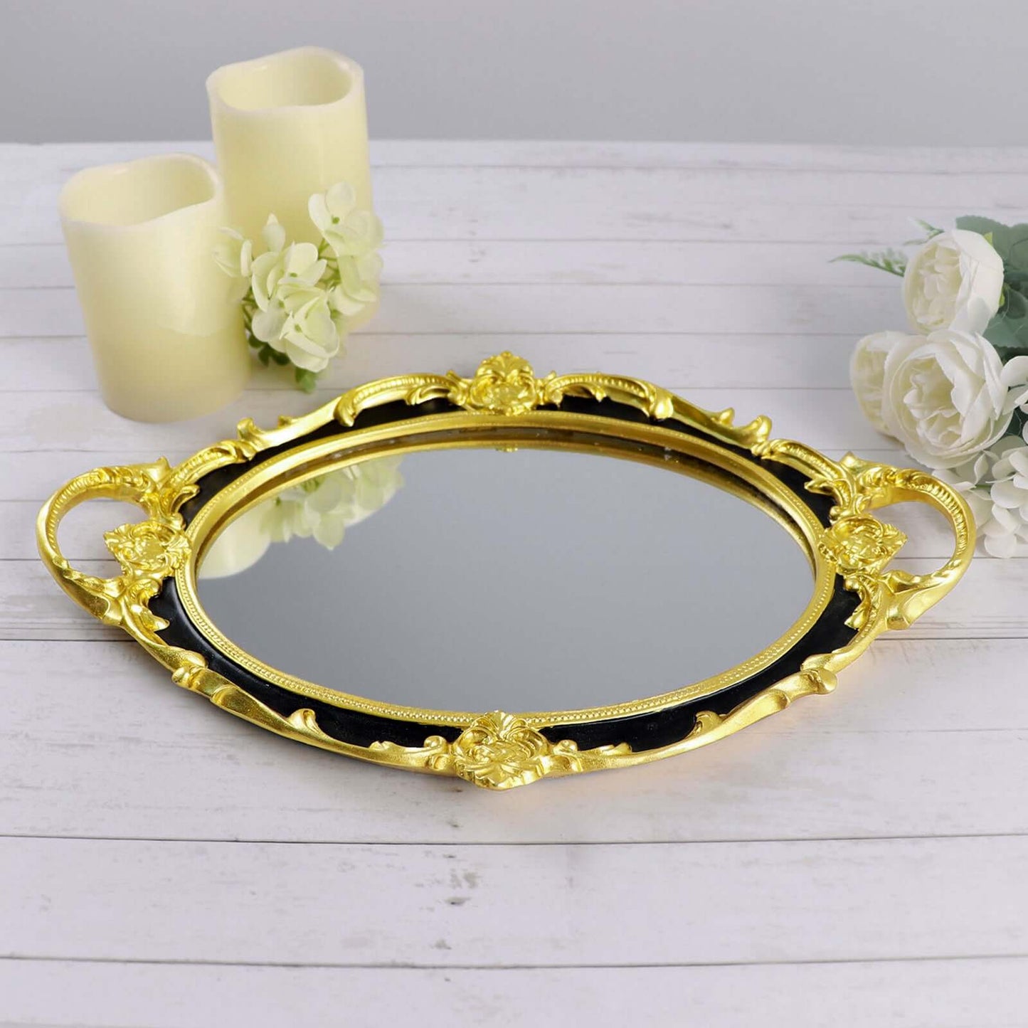 Resin Mirrored Vanity Oval Serving Tray 14"x10" in Black with Metallic Gold Baroque Design, Stylish Decorative Vanity Tray Centerpiece