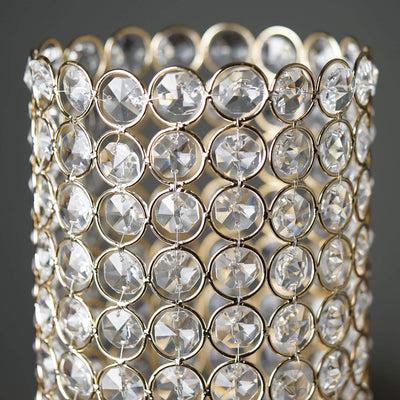 Full Crystal Beaded Candle Holder Shiny Gold Metal - Stylish Pillar Stand for Weddings 16"