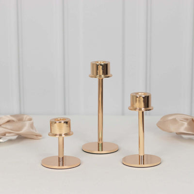 Set of 3 Metal Taper Candlestick Holders Gold with Round Base - Hurricane Candle Stands 3.5", 5.5", 8"