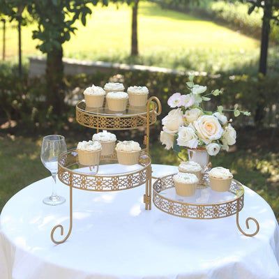 3-Tier Metal Rotating Cupcake Stand with Clear Acrylic Round Plates Gold - Hollow Lace Design Dessert Display 28"