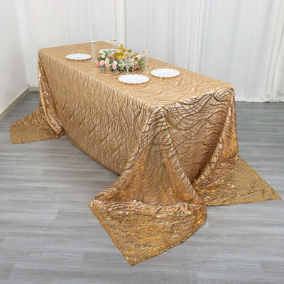 Mesh 90"x156" Rectangle Tablecloth Gold - Wave Sequin Embroidered Design for Refined Occasions