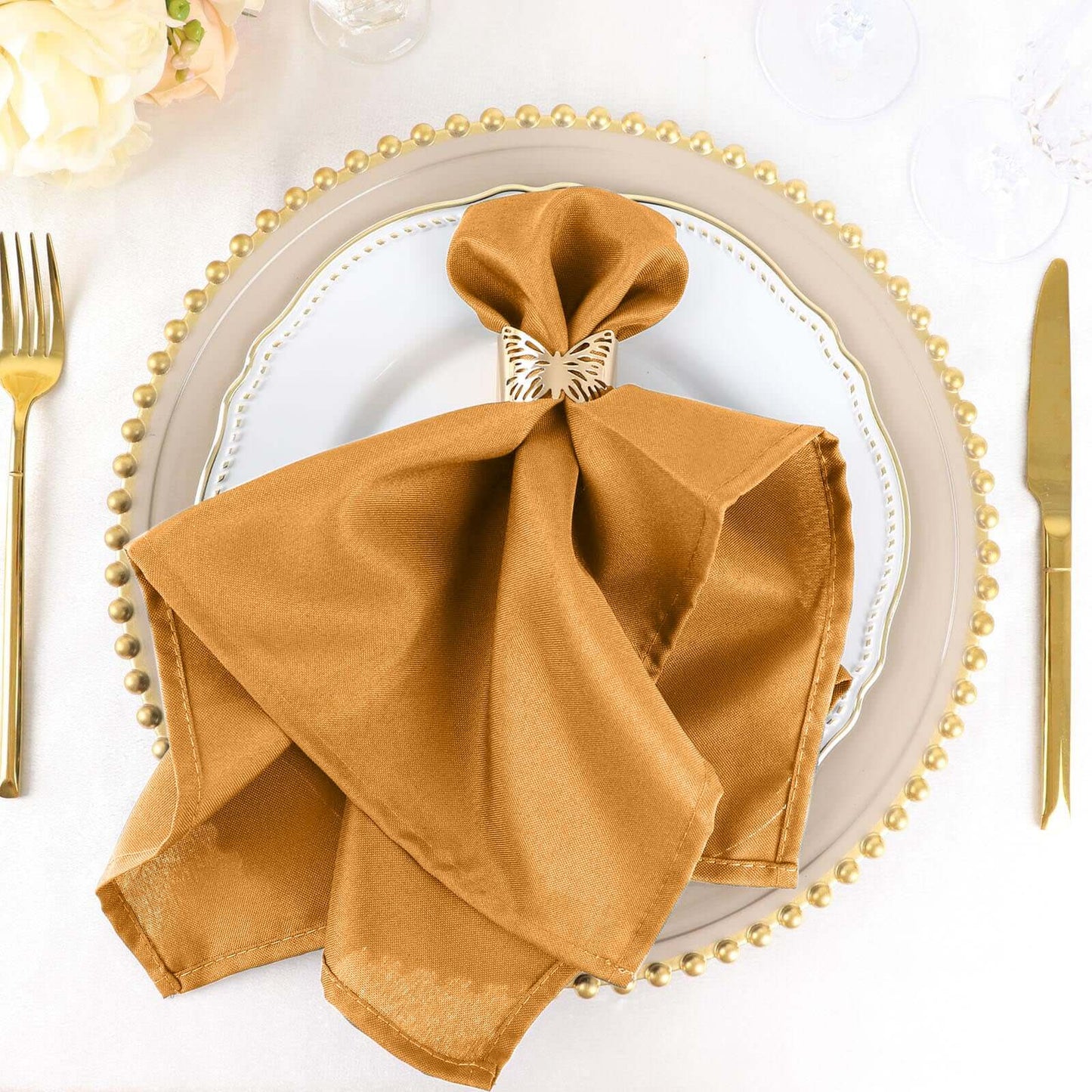 5 Pack Polyester 20"x20" Napkins Gold - Wrinkle Resistant & Easy Care Cloth Napkins for Special Occasions