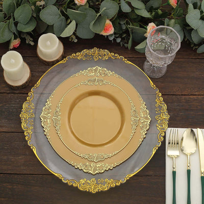 10-Pack Plastic 10" Round Dinner Plates in Gold with Leaf Embossed Rim - Disposable Vintage Baroque Style Plates for Luxurious Gatherings & Events
