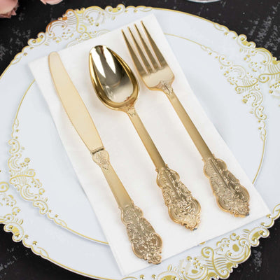 24 Pcs Plastic Silverware Set in Baroque Style Metallic Gold - Heavy Duty Disposable Knife, Fork, and Spoon Set