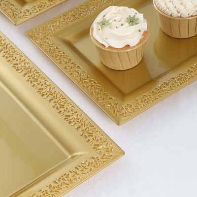 4-Pack Plastic 14" Rectangle Serving Trays Gold with Lace Rim - Chic Decorative Table Tray Platters for Buffets Banquets Dinner Parties