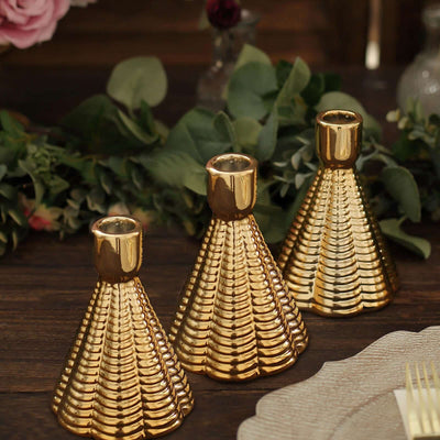 3-Pack Ceramic Taper Candle Holders Ribbed Cone Shaped Design Metallic Gold - Candlestick Stands for Decor 5"