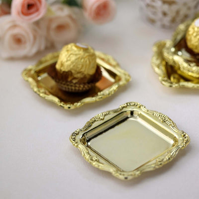 12 Pack 3" Gold Baroque Mini Square Sweet Treats Serving Platter, Party Favor Candy Display Tray