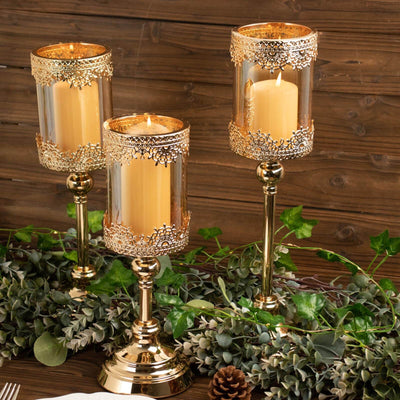 Set of 3 Lace Votive Candle Stands Antique Gold with Hurricane Glass Shades - Refined Pillar Candle Holders 13", 15", 17"