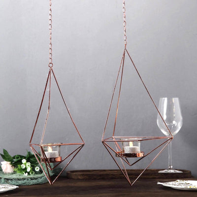 Set of 2 Hanging Tealight Candle Holders Rose Gold Metal Diamond Geometric Open Frame - Flower Terrariums 12", 15"