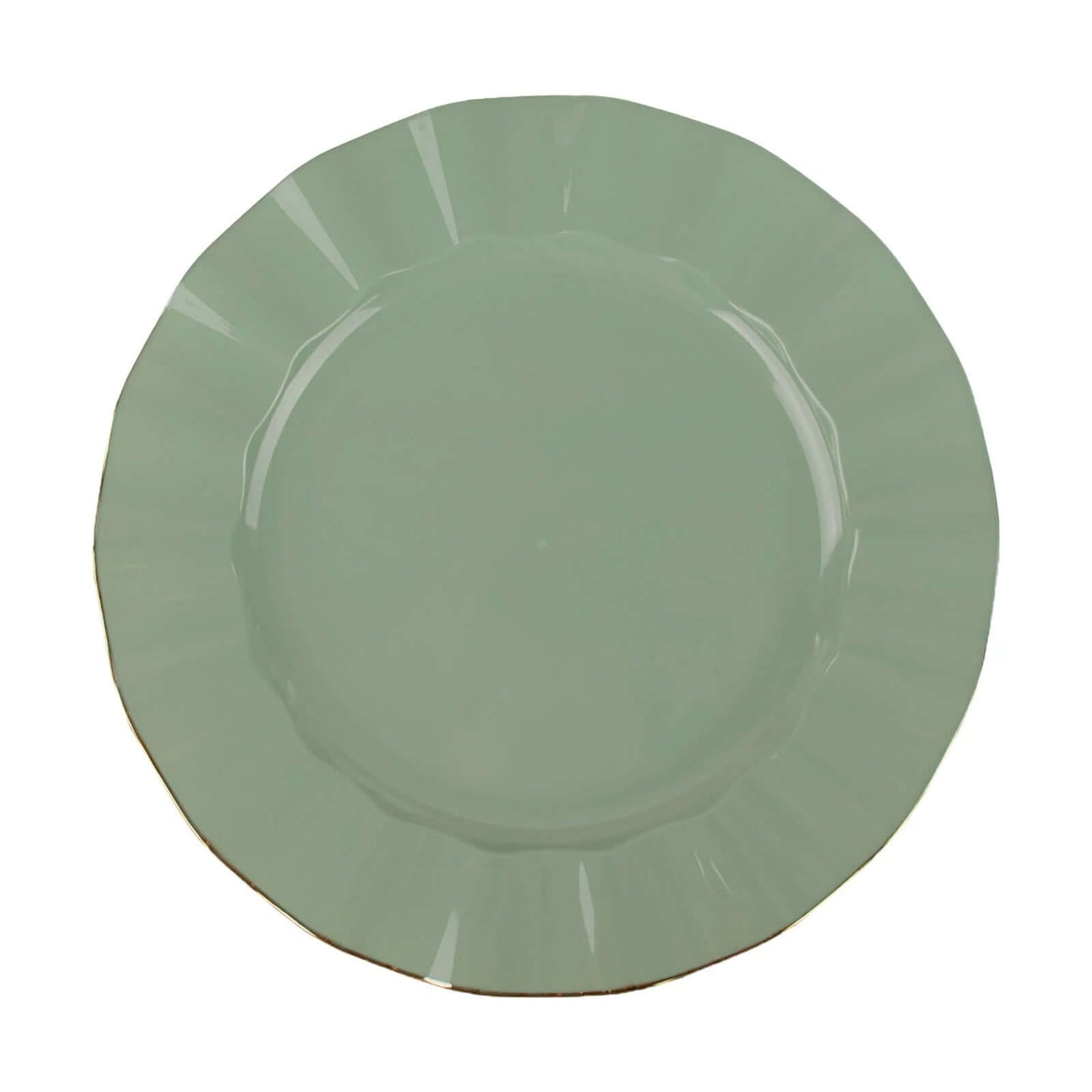 10-Pack Plastic 9" Round Dinner Plates in Dusty Sage Green Ruffled Rim with Gold Edging - Sturdy Disposable Dinnerware