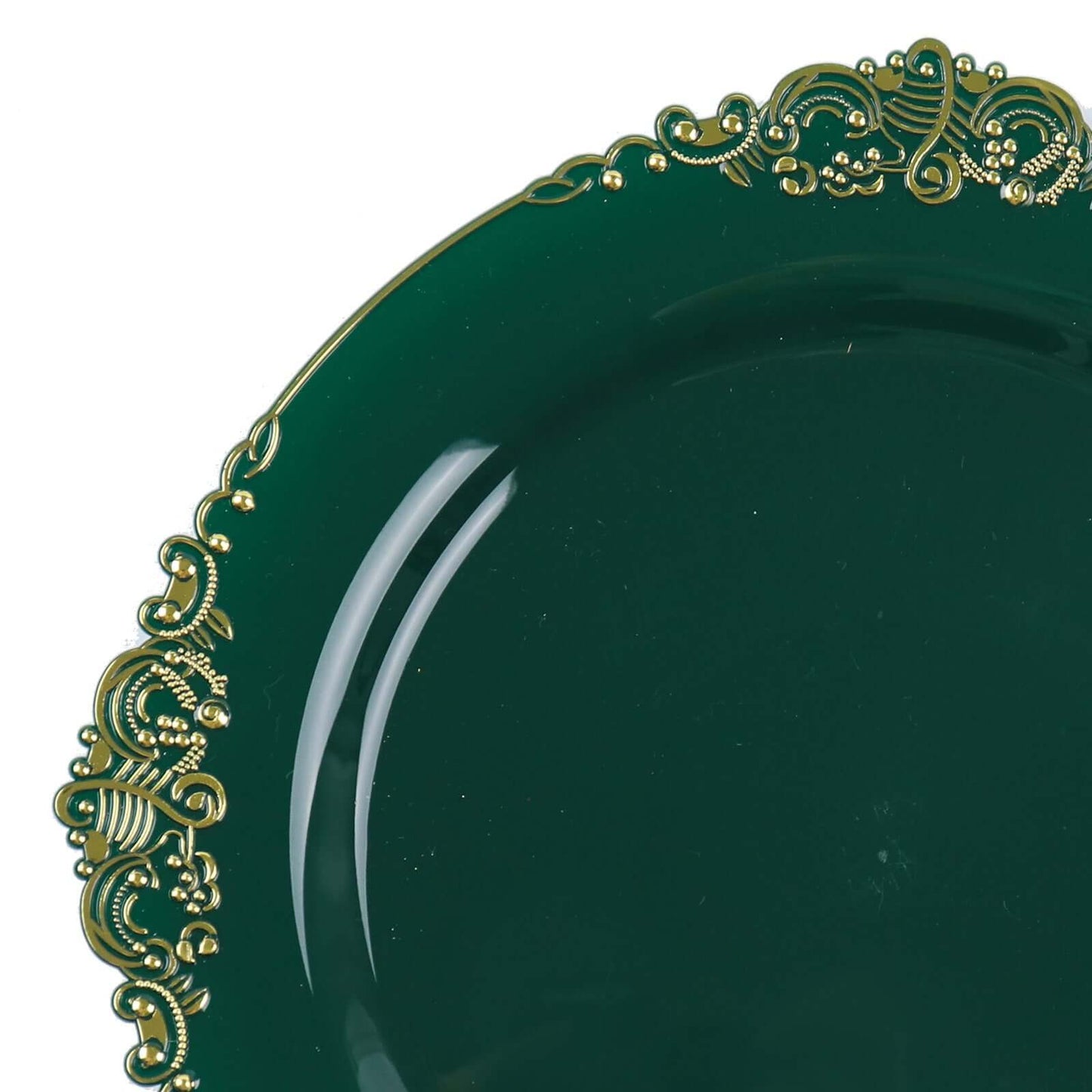 10-Pack Plastic 8" Round Dessert Plates in Hunter Emerald Green with Gold Leaf Embossed Rim - Disposable Vintage Baroque Style Salad Plates