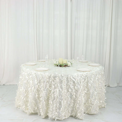 Taffeta 132" Round Tablecloth Ivory | 3D Leaf Petal Design Seamless Table Cover