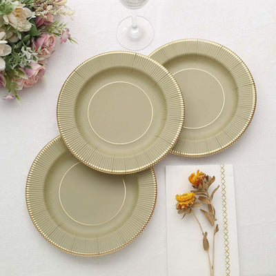 25-Pack Paper 8" Round Dessert Plates in Khaki Sunray Design with Gold Rim - Disposable Heavy Duty 350GSM Appetizer Salad Plates