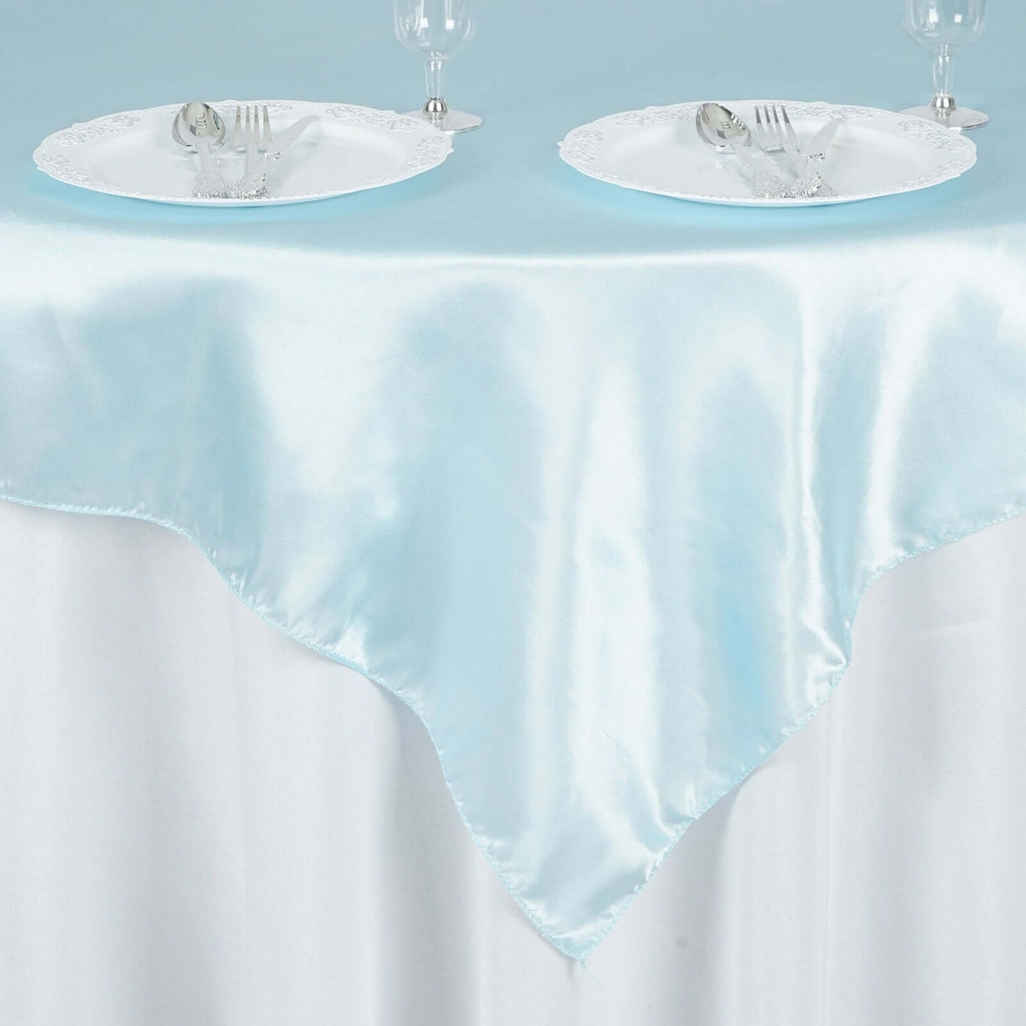 Satin 60"x60" Table Overlay Square Tablecloth Light Blue - Smooth Silky Touch Table Cover