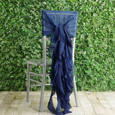 1 Set Chiffon Hoods Chair Sashes with Willow Ruffles Design Navy Blue - Stylish Chair Bow Decor