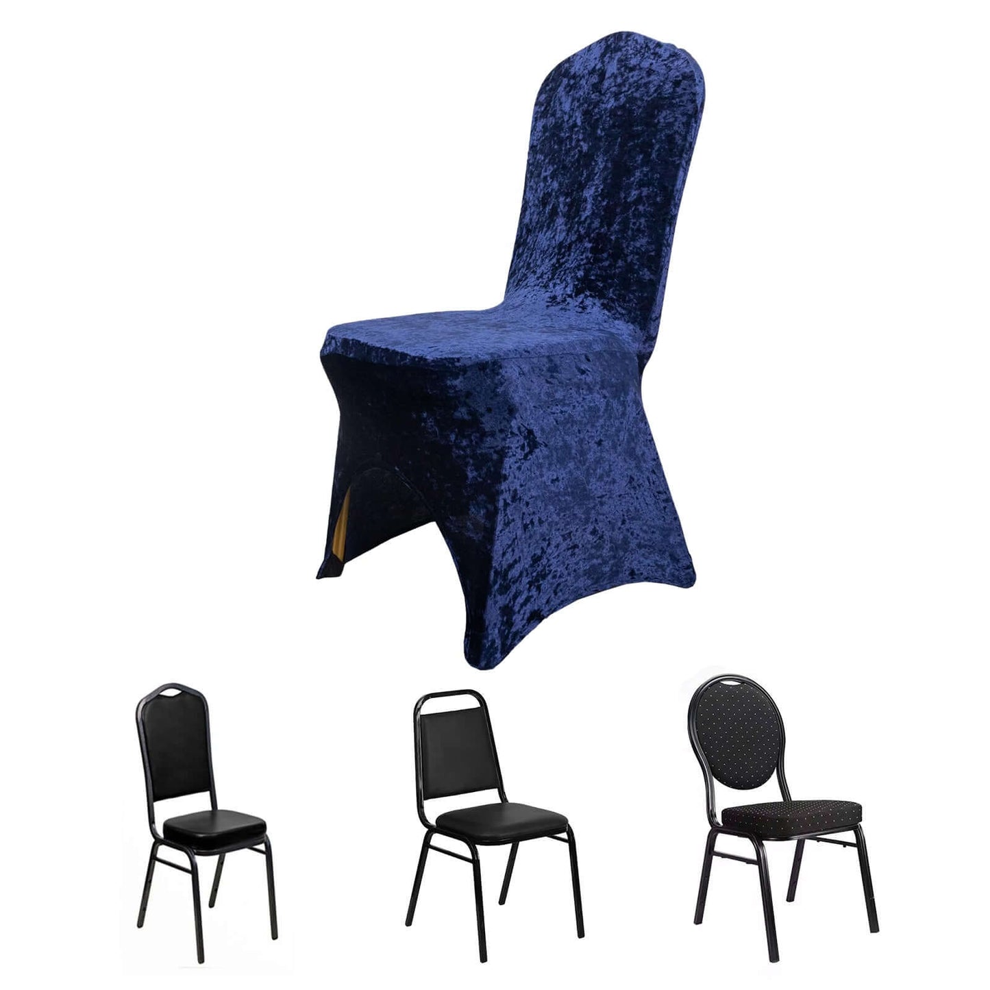Crushed Velvet Spandex Banquet Chair Cover Fitted Slipcover Navy Blue - Stretch 190GSM Slipcover with Foot Pockets