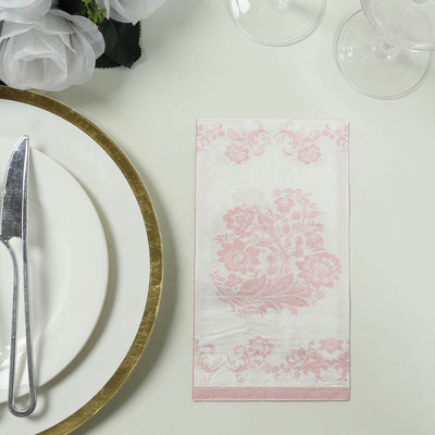 50-Pack Paper Dinner Napkins White with Pink Damask Floral Pattern 2-Ply - Stylish Disposable Napkins for Parties