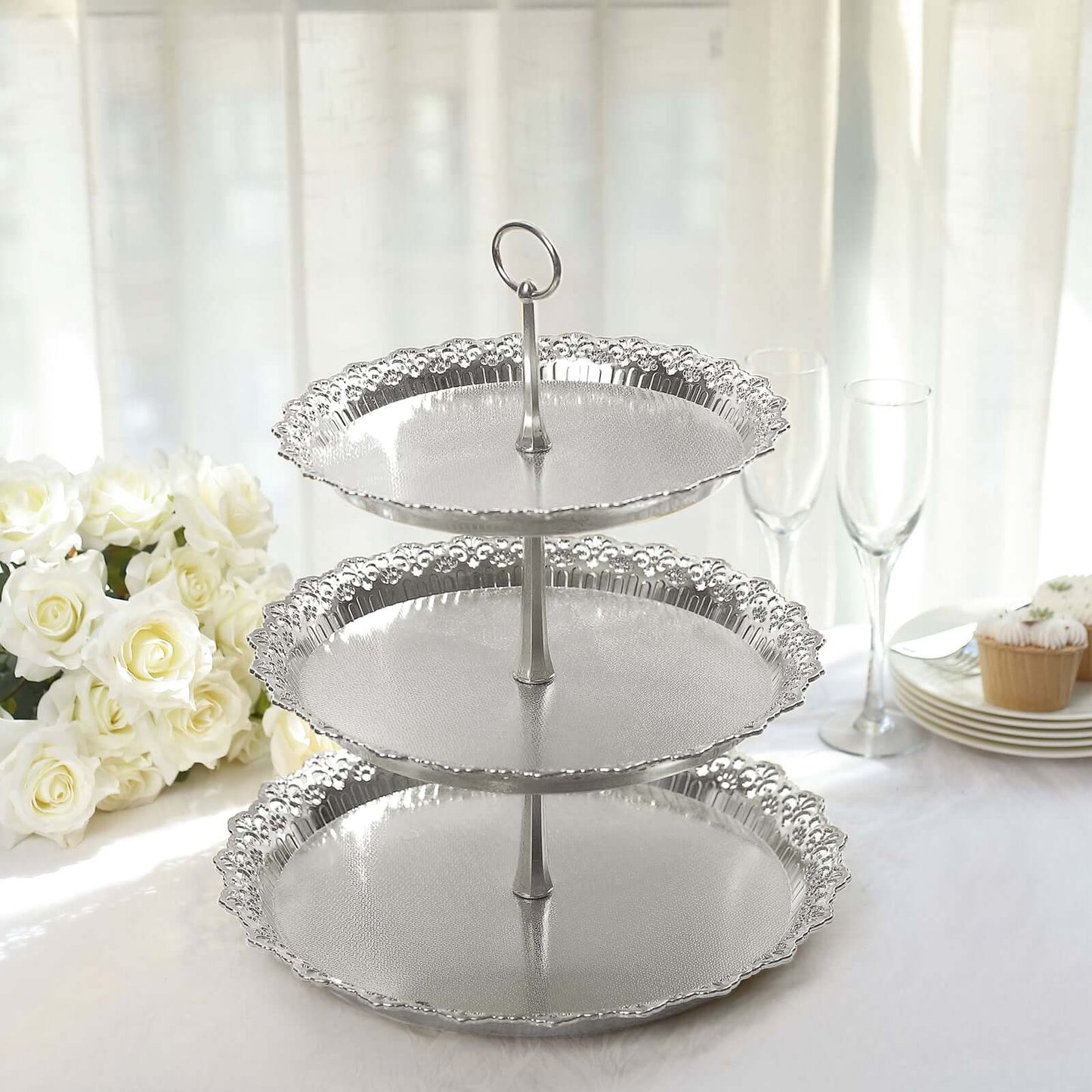 3-Tier Plastic Round Cupcake Stand 15" Metallic Silver with Lace Scalloped Edges