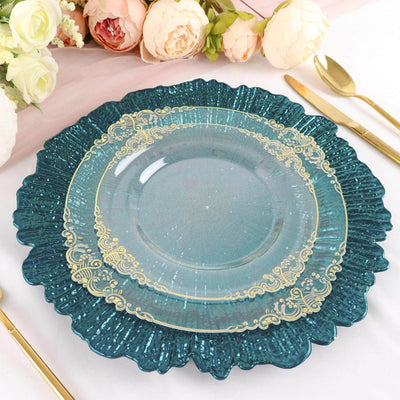 6-Pack Acrylic Plastic Round Charger Plates 13" in Peacock Teal with Reef Design, Dinner Charger Tableware