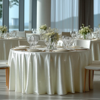 Scuba Round Tablecloth 120″ Pearl White with Rhinestone Accents – Seamless, Wrinkle-Free, Stain-Resistant Event Linen