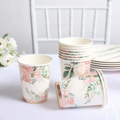 24-Pack Paper Cups in Pink Peony Flower Print with Gold Foil - Chic Disposable Party Cups for Weddings & All Purpose Use 9oz