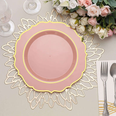 10-Pack Plastic 10" Round Dinner Plates in Dusty Rose with Gold Scalloped Rim - Disposable Party Plates
