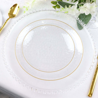 10-Pack Plastic 7" Round Dessert Appetizer Plates in Clear Hammered Design with Gold Rim - Modern Disposable Salad Plates