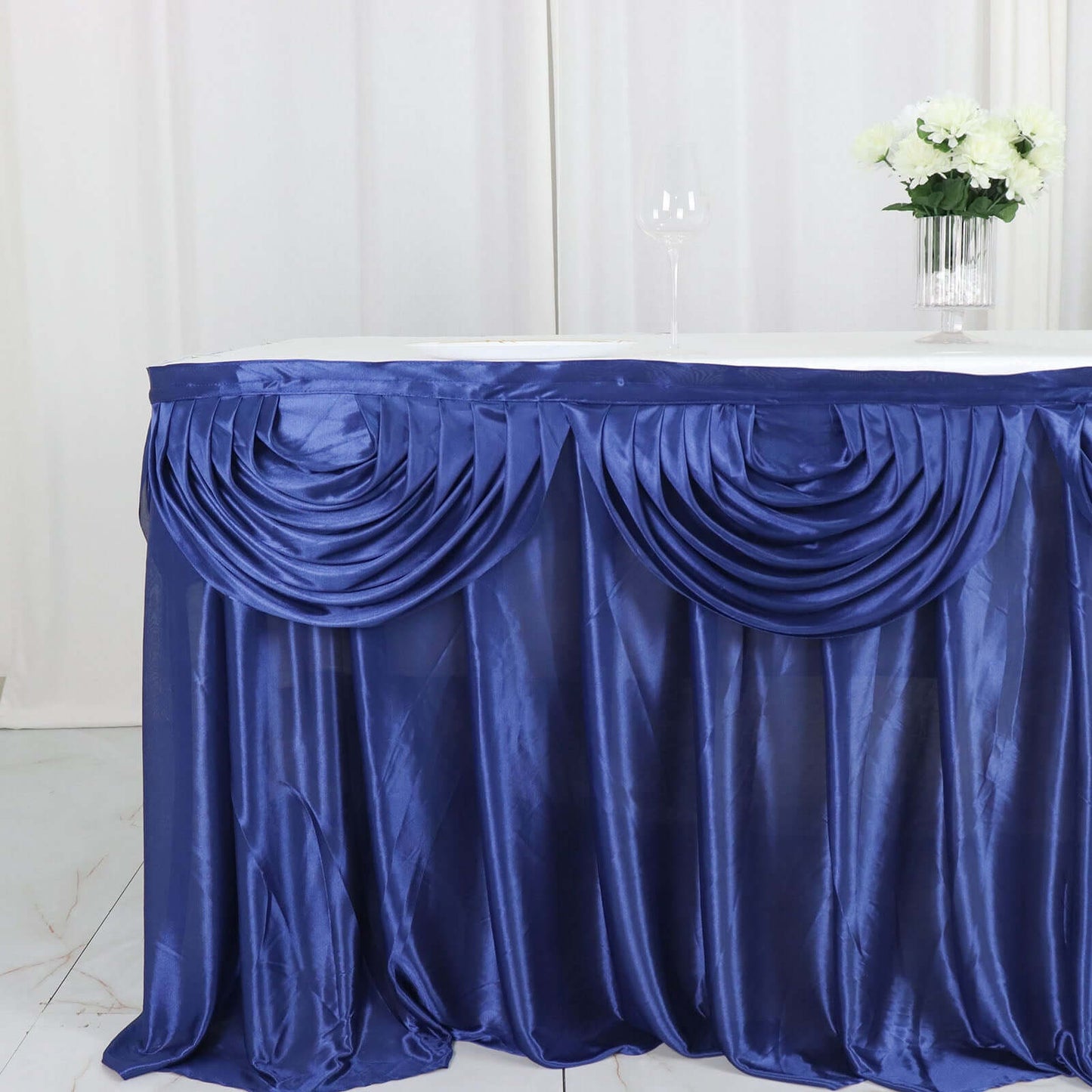 Satin 14ft Table Skirt Navy Blue - Pleated Double Drape Table Cover