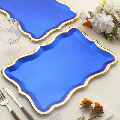 10-Pack Paper 14"x10" Rectangle Serving Trays Royal Blue - Heavy Duty Disposable 400GSM Cardboard Party Platters with Exquisite Gold Rim for Weddings & Parties