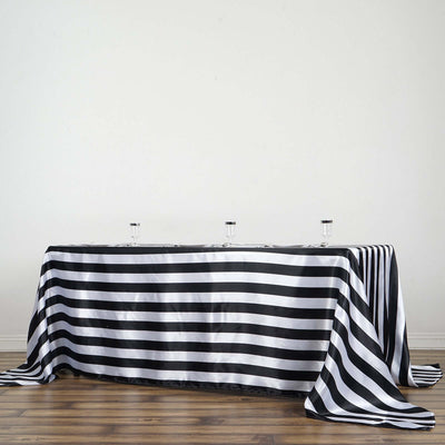Satin 90"x132" Rectangle Tablecloth Black/White - Stripe Design with Seamless Silky Smooth Finish for Modern Celebrations