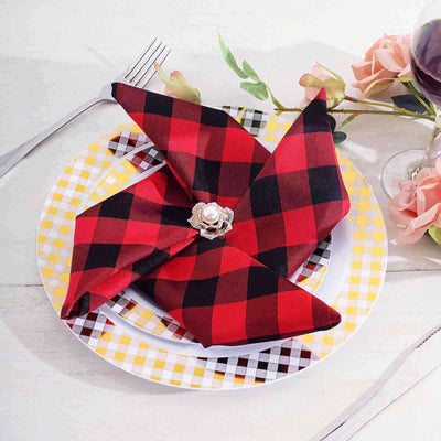 5 Pack Polyester 15"x15" Napkins Black/Red Buffalo Plaid Gingham Style Cloth Napkins